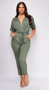 Lia Olive Green V Neck Jumpsuit